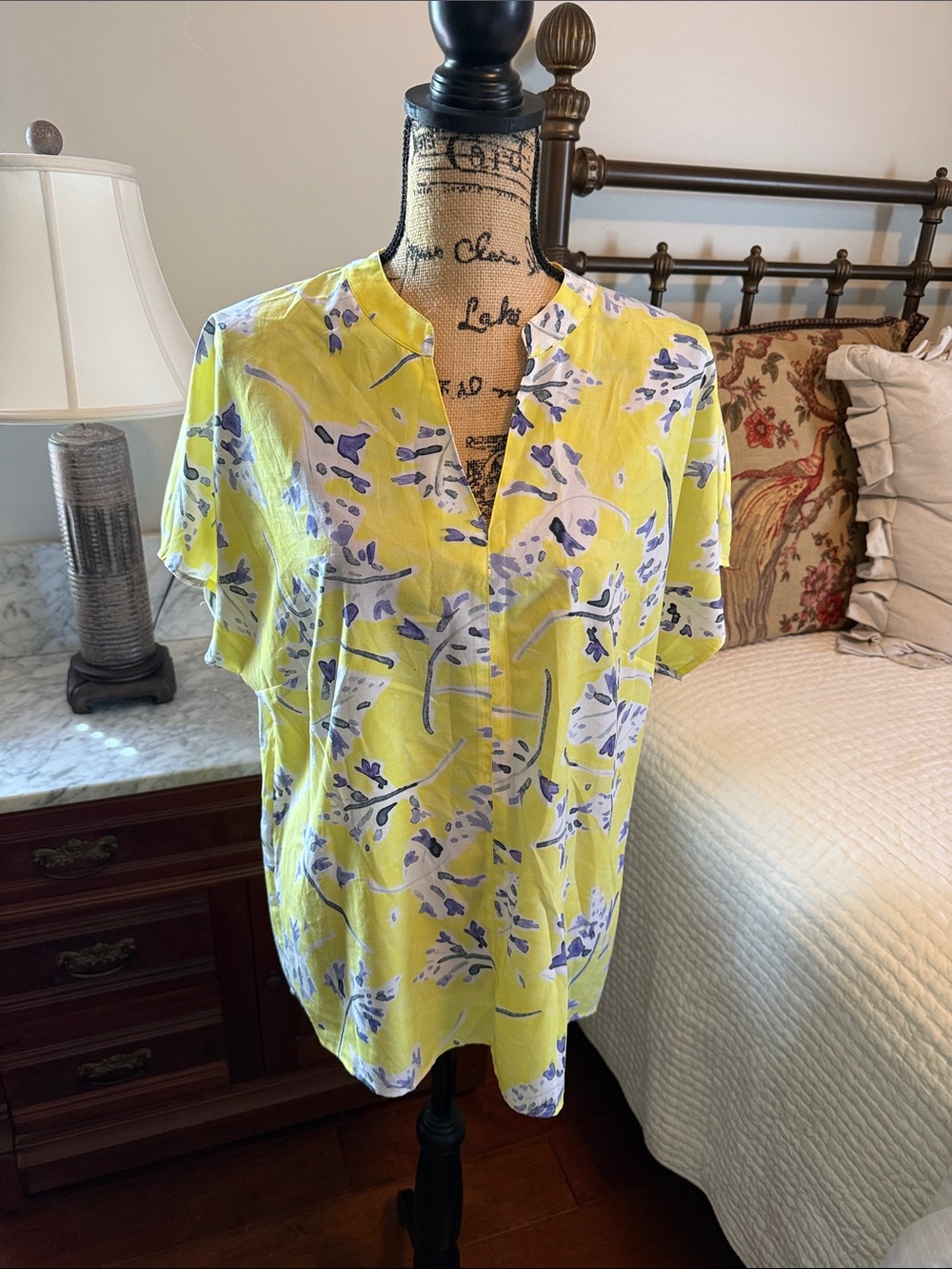 CAbi Yellow Floral Short Sleeve Split V Blouse